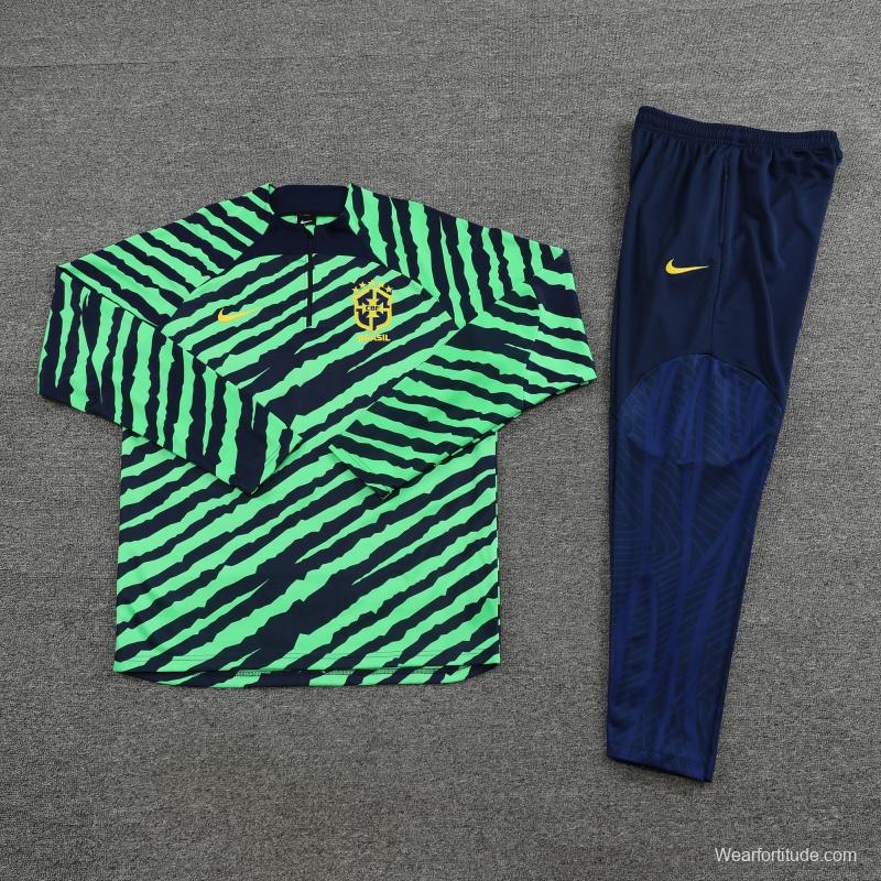 2022 Brazil Green Stripe Half Zipper Tracksuit